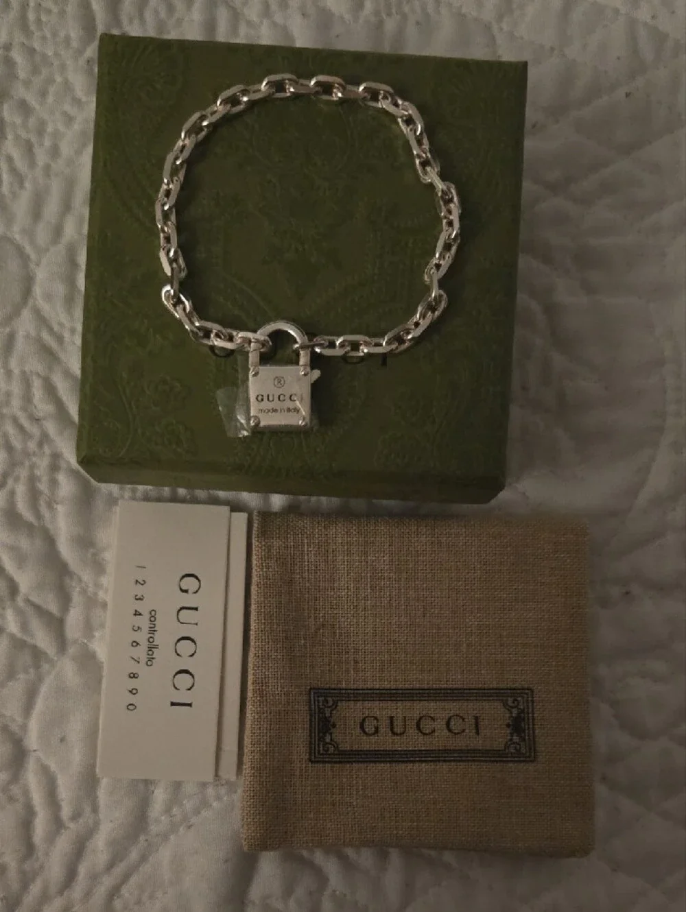 Authentic Gucci Silver Padlock Chain Bracelet with Charm